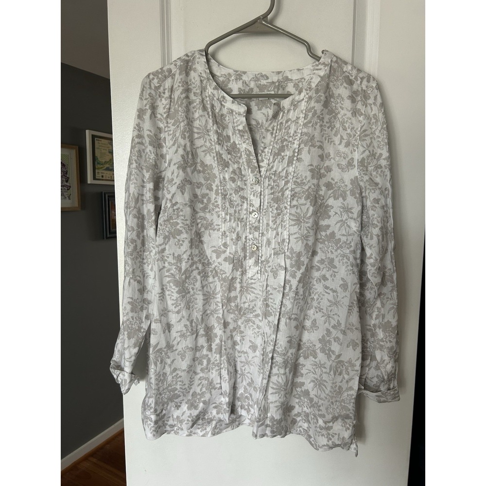 J Jill Love Linen Button Long Sleeve Blouse Tunic Floral Top White Beige Size M